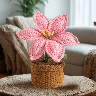Pink Crochet Potted Lily Plant